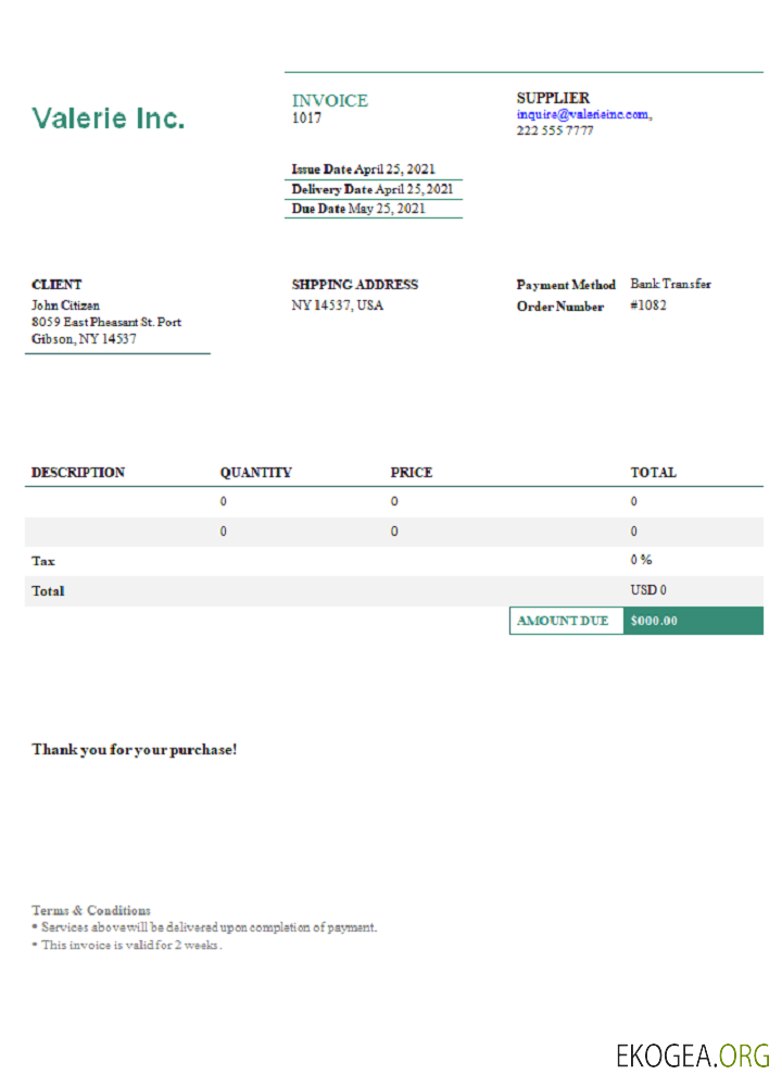 Facture USA Valerie Inc.